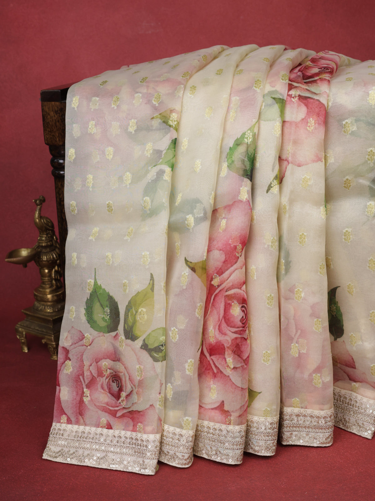 Cream Organza With Zari Weave Embroidery Patch Border