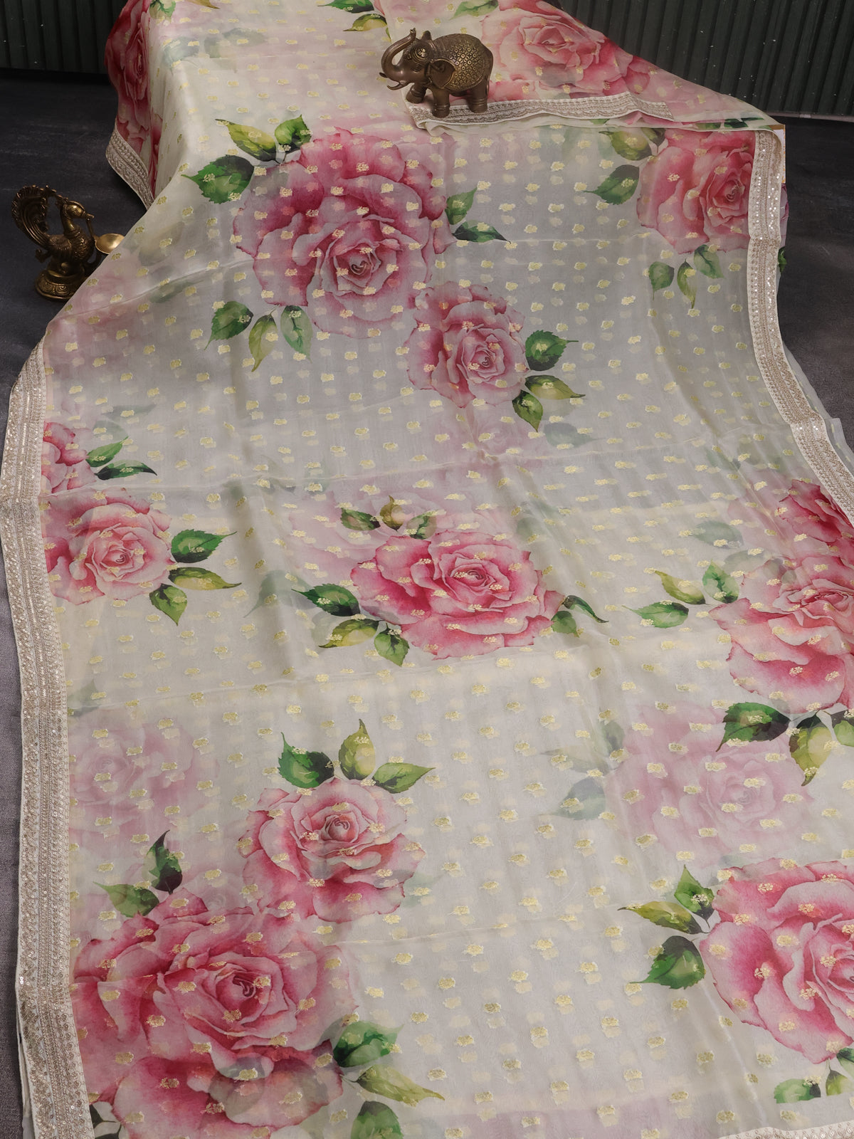 Cream Organza With Zari Weave Embroidery Patch Border
