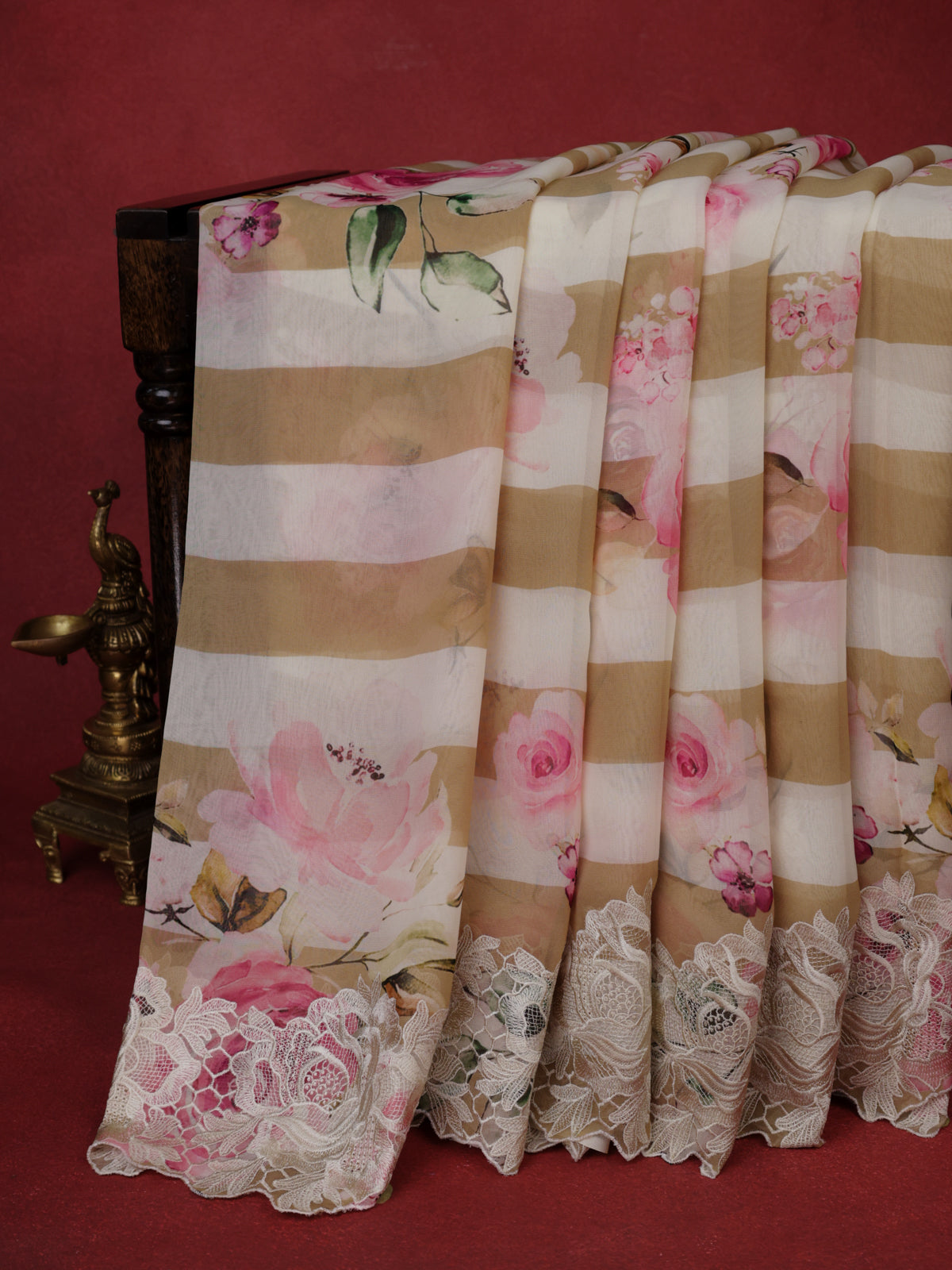 Beige Georgette Saree With Scalap And Lace Type Embroidery