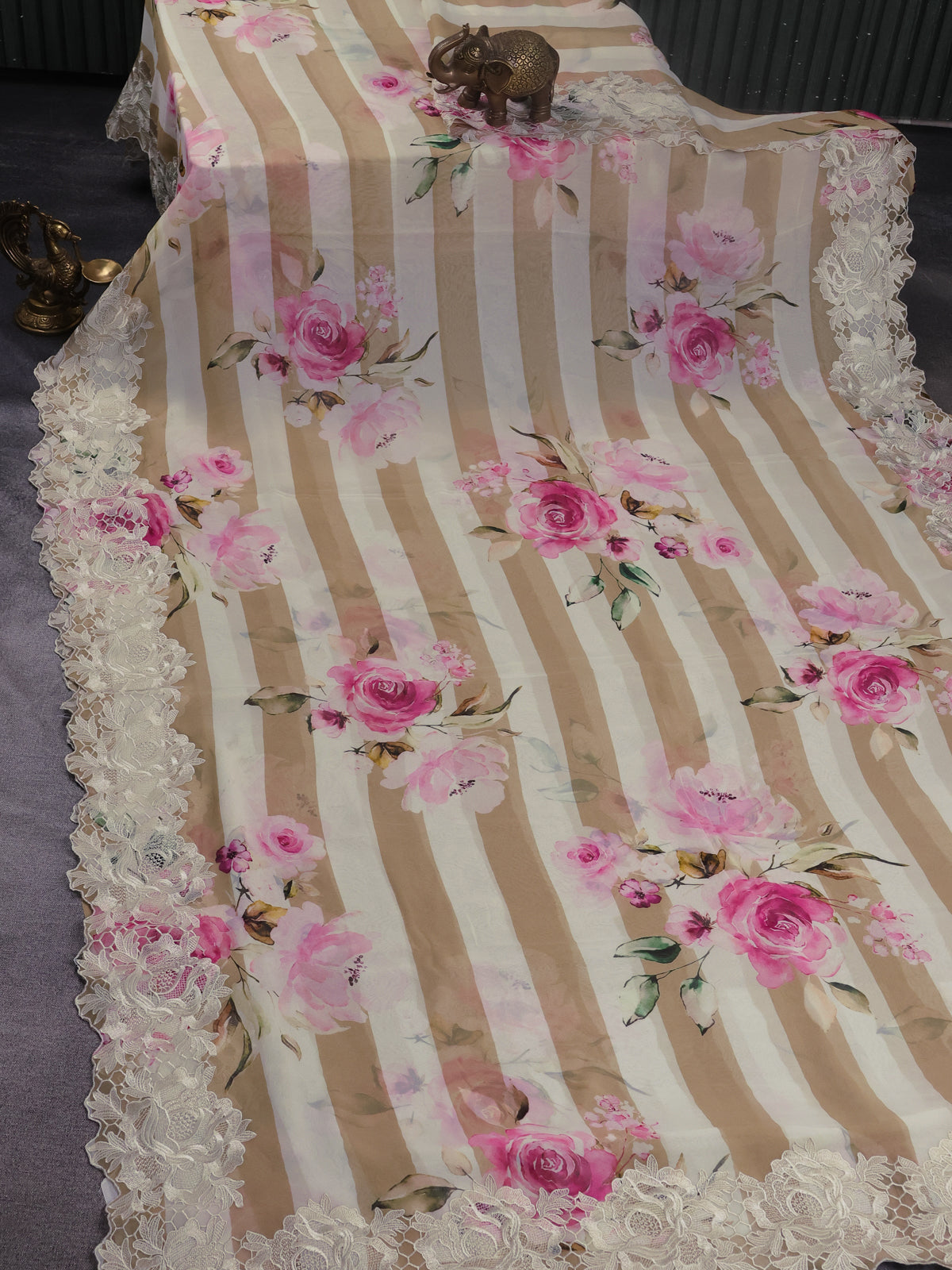 Beige Georgette Saree With Scalap And Lace Type Embroidery