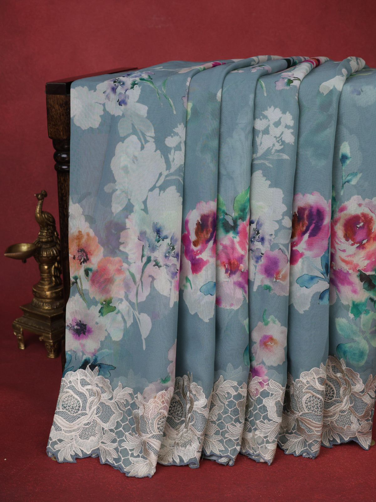 Pastel Blue Georgette Saree With Scalap And Lace Type Embroidery