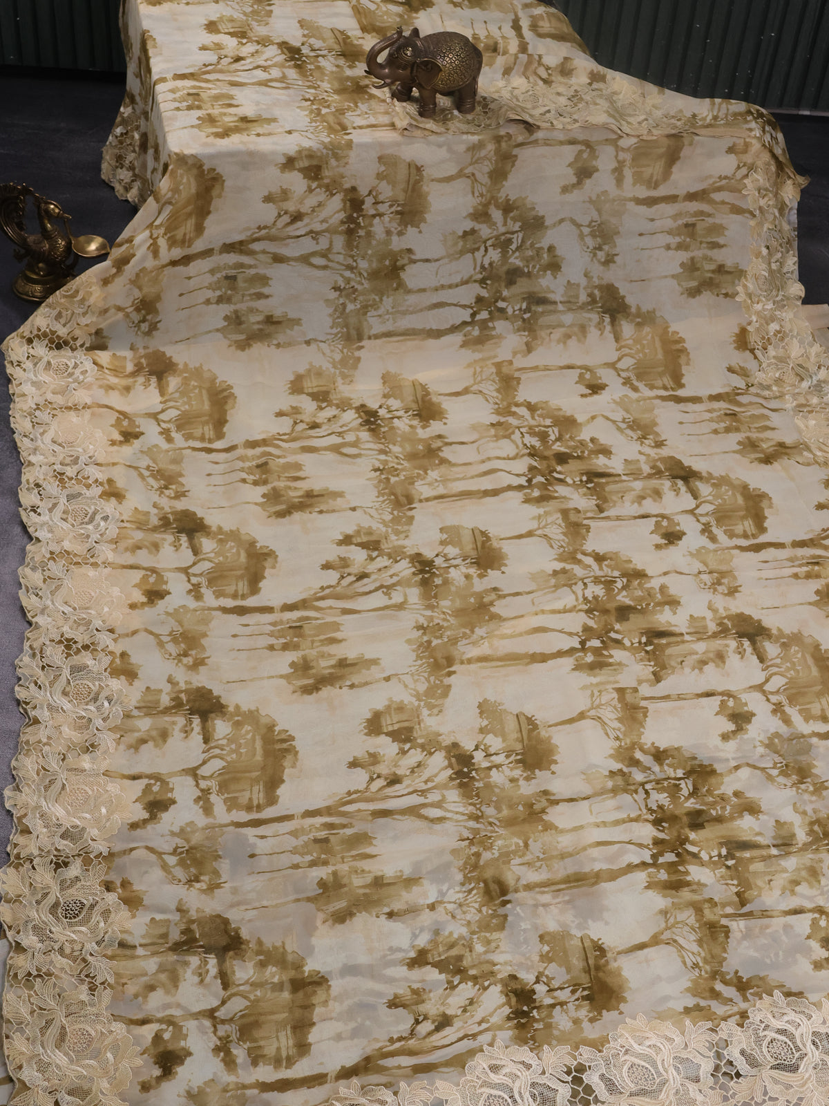Pale Yellow Georgette Saree With Scalap And Lace Type Embroidery