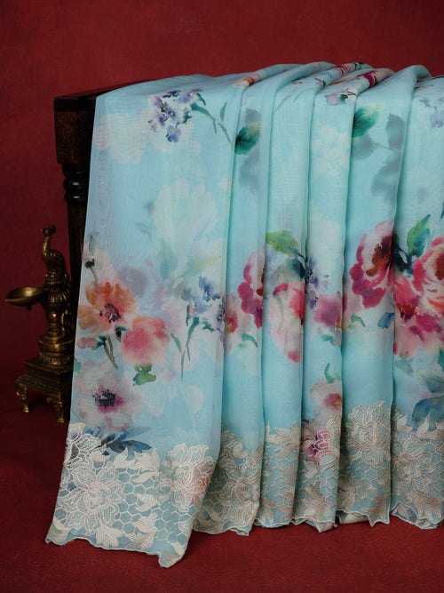 Aqua Blue Georgette Saree With Scalap And Lace Type Embroidery