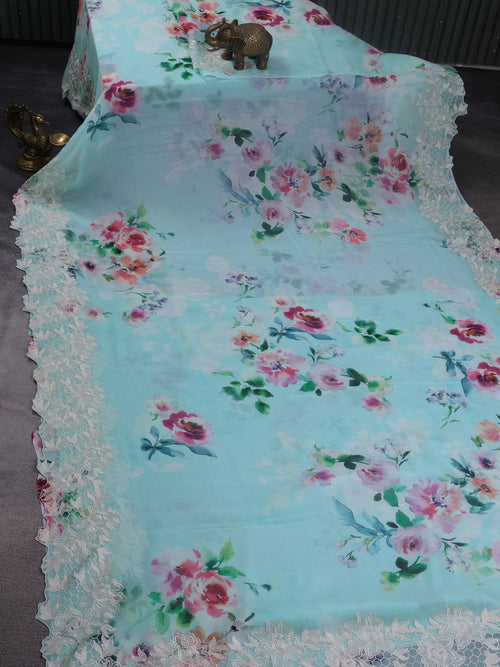 Aqua Blue Georgette Saree With Scalap And Lace Type Embroidery