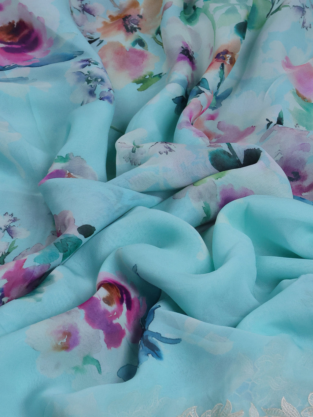 Aqua Blue Georgette Saree With Scalap And Lace Type Embroidery