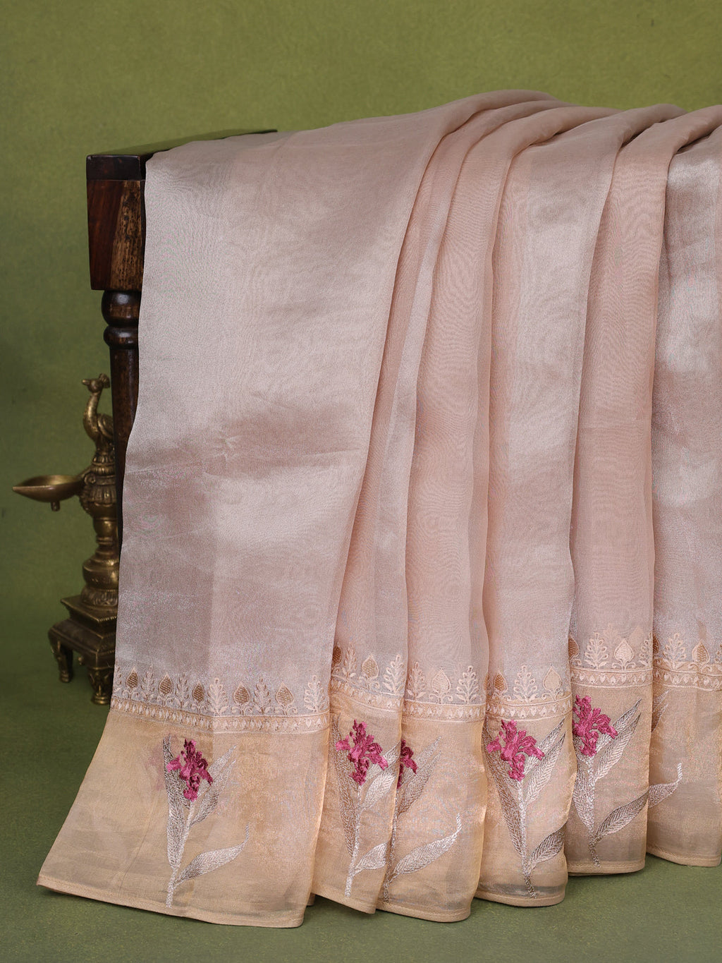 Beige Pure Organza Silk Saree With Floral Embroidery