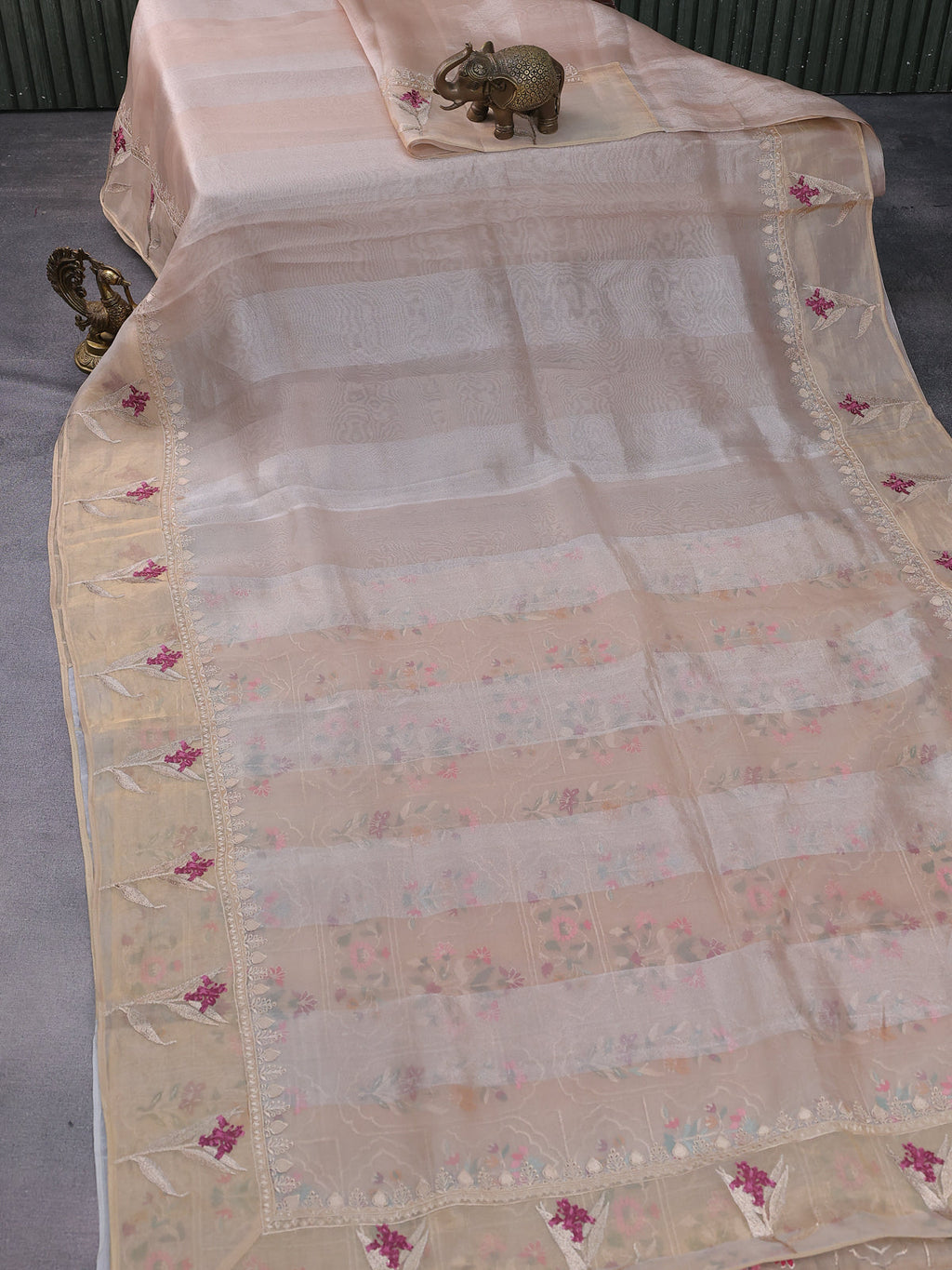 Beige Pure Organza Silk Saree With Floral Embroidery