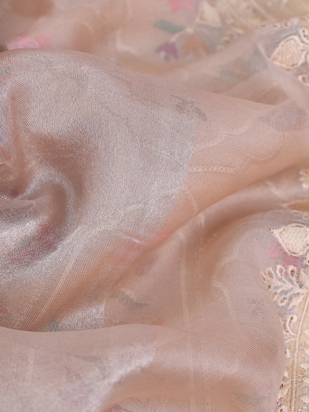 Beige Pure Organza Silk Saree With Floral Embroidery