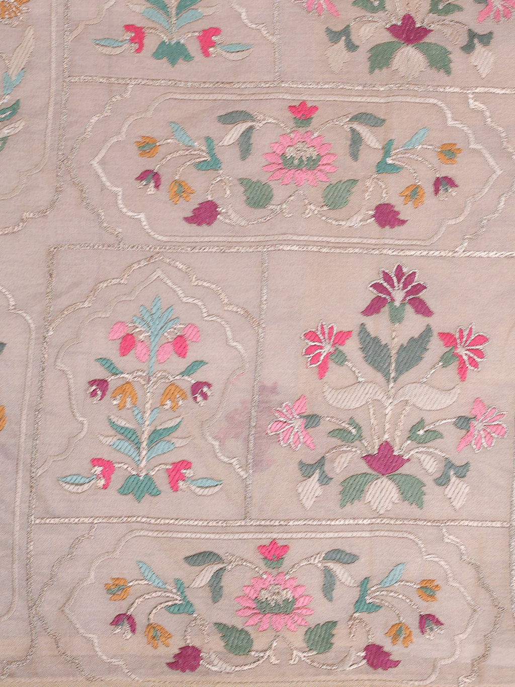 Beige Pure Organza Silk Saree With Floral Embroidery