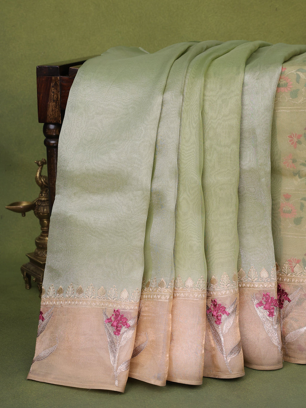 Pista Green Pure Organza Silk Saree With Floral Embroidery