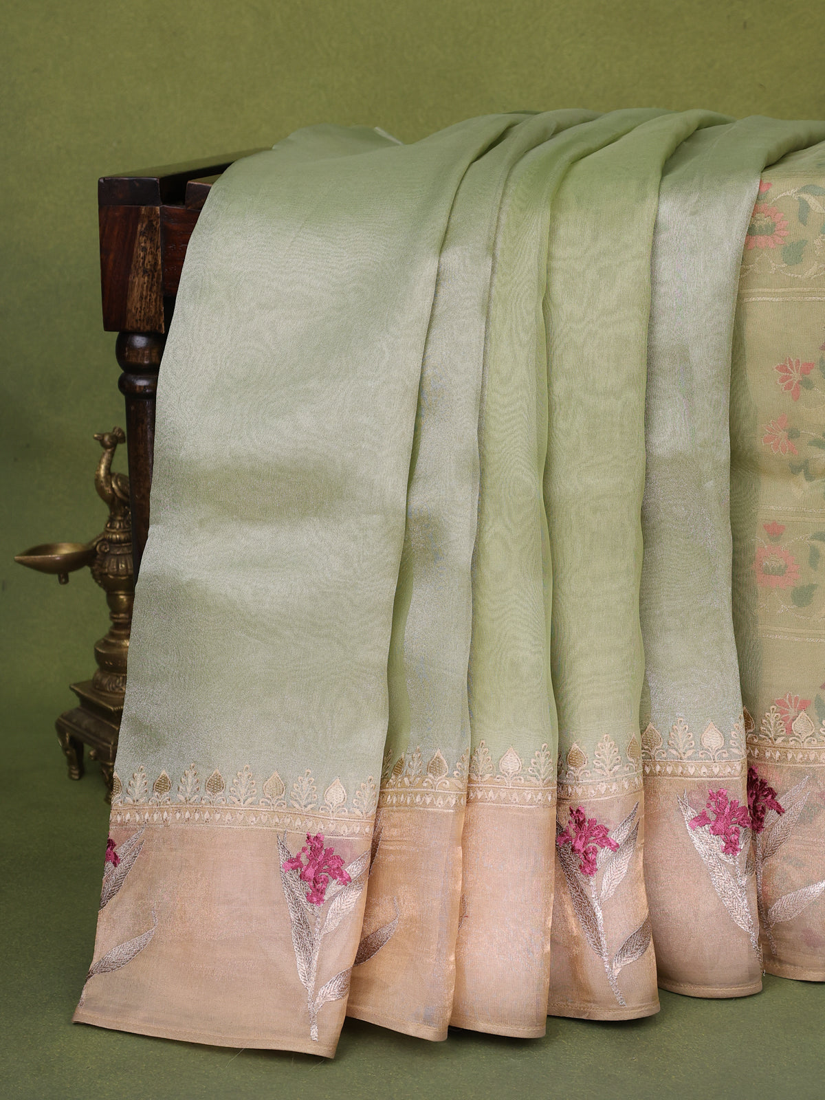 Pista Green Pure Organza Silk Saree With Floral Embroidery