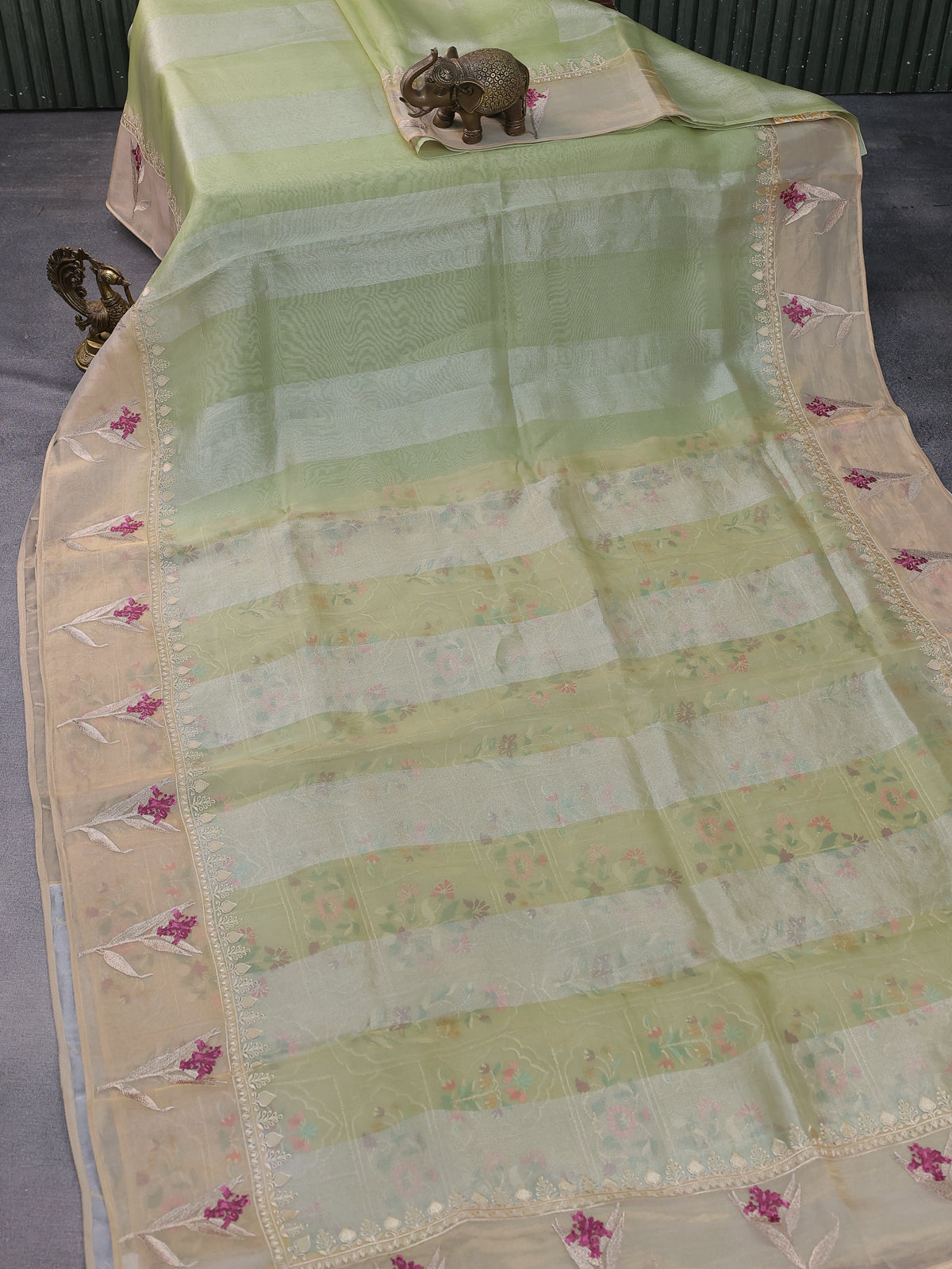 Pista Green Pure Organza Silk Saree With Floral Embroidery