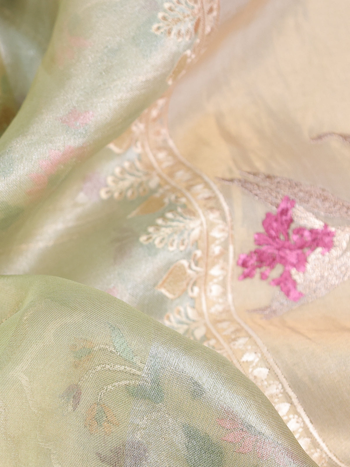 Pista Green Pure Organza Silk Saree With Floral Embroidery