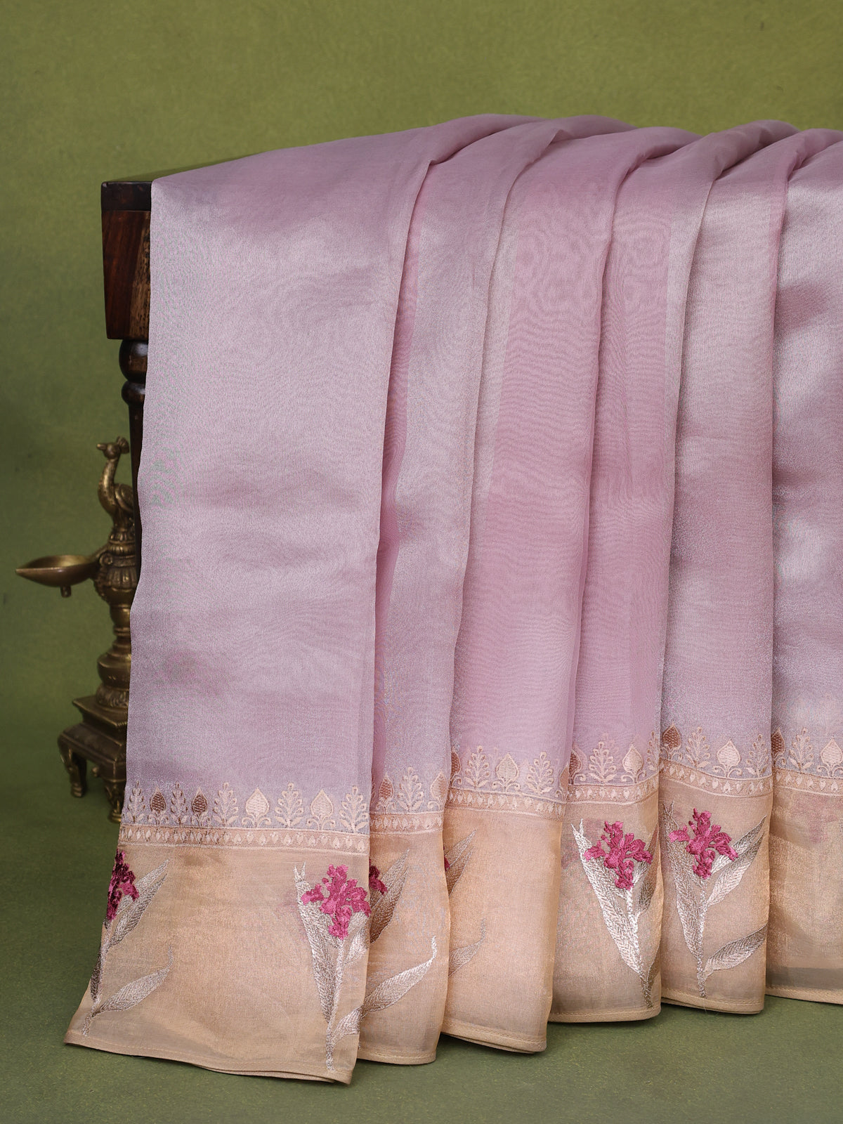 Mild Lavender Pure Organza Silk Saree With Floral Embroidery