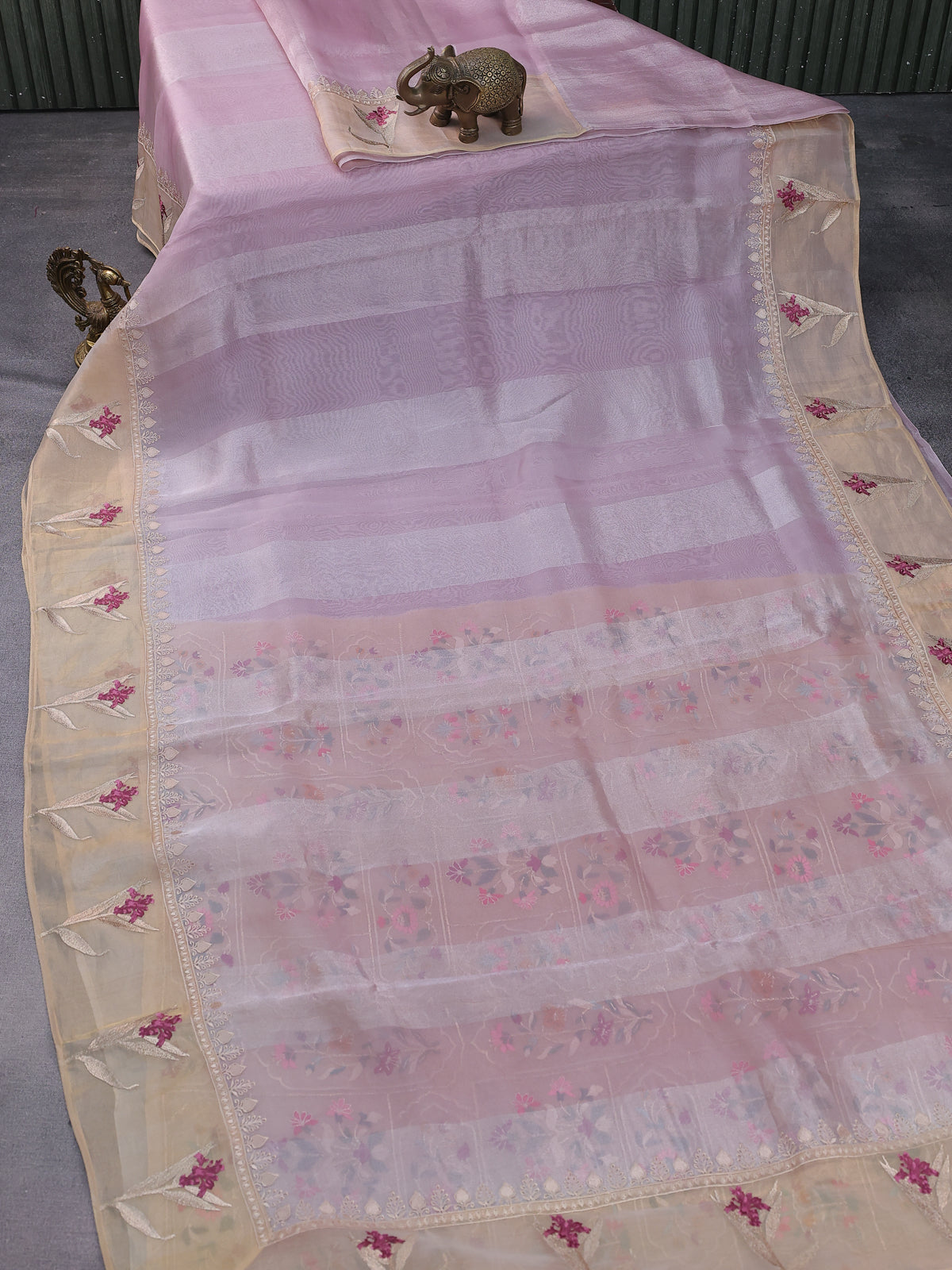 Mild Lavender Pure Organza Silk Saree With Floral Embroidery