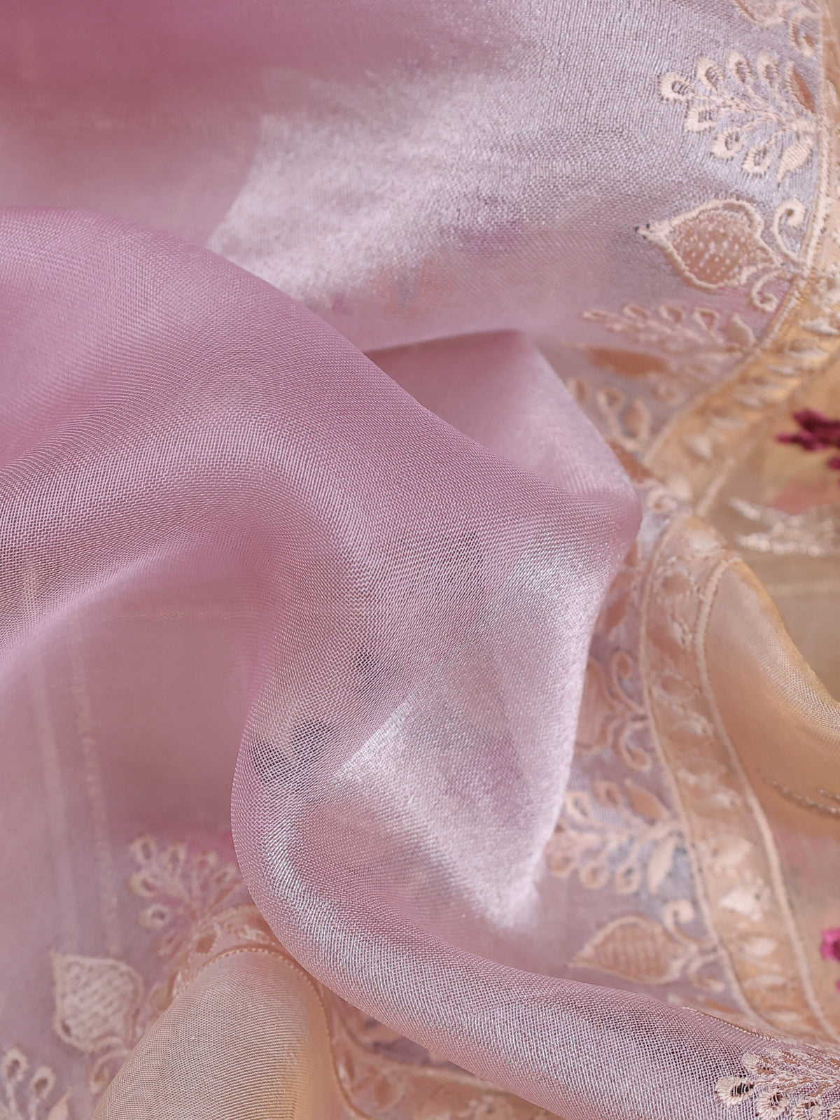 Mild Lavender Pure Organza Silk Saree With Floral Embroidery