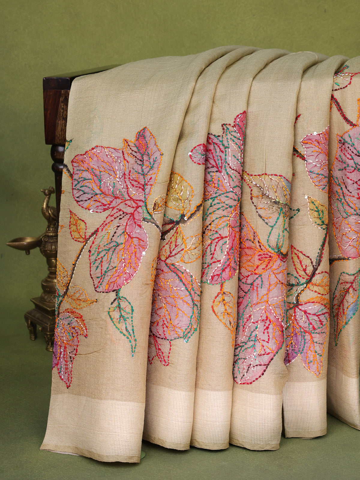 Beige Tussar Silk Saree With Allover Kantha Stitch Embroidery