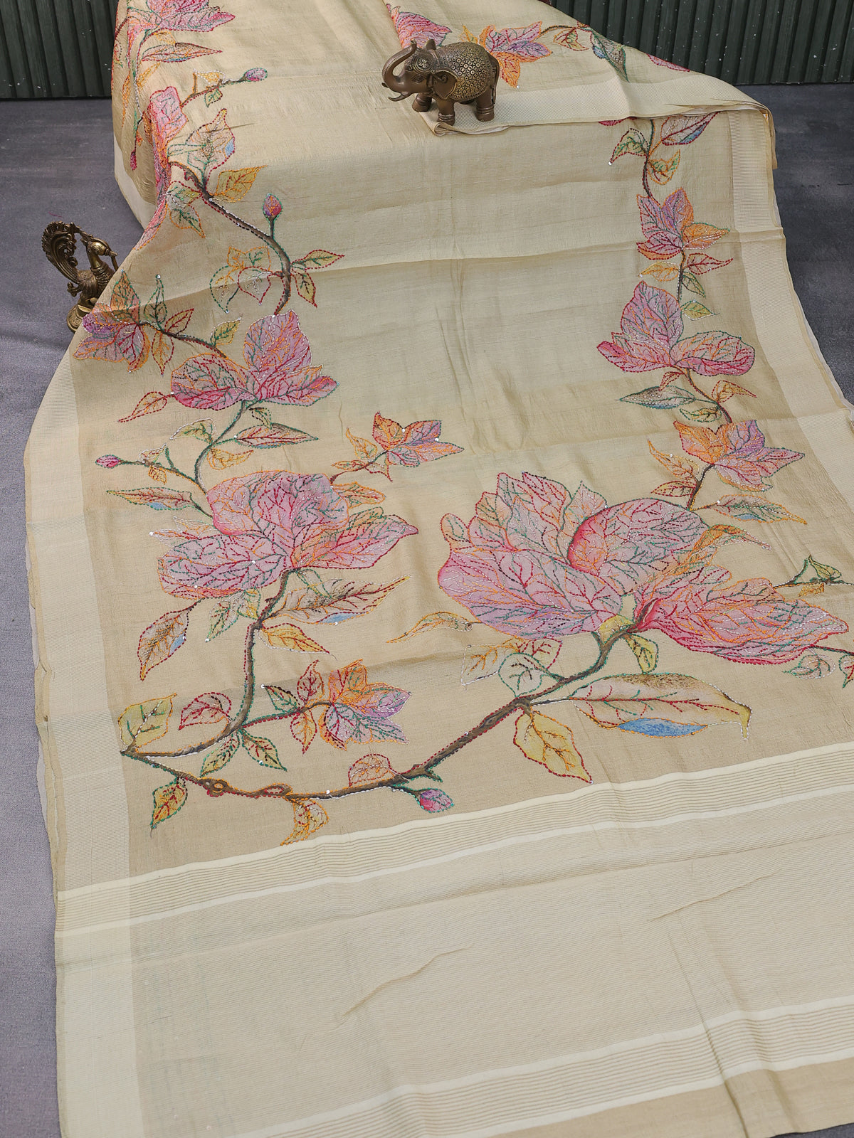 Beige Tussar Silk Saree With Allover Kantha Stitch Embroidery