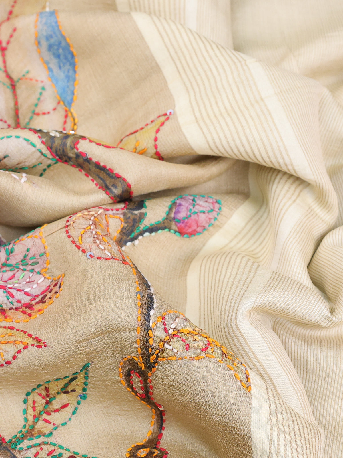 Beige Tussar Silk Saree With Allover Kantha Stitch Embroidery