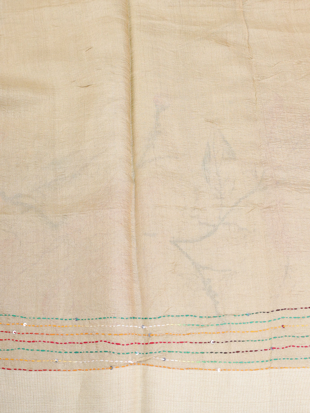 Beige Tussar Silk Saree With Allover Kantha Stitch Embroidery