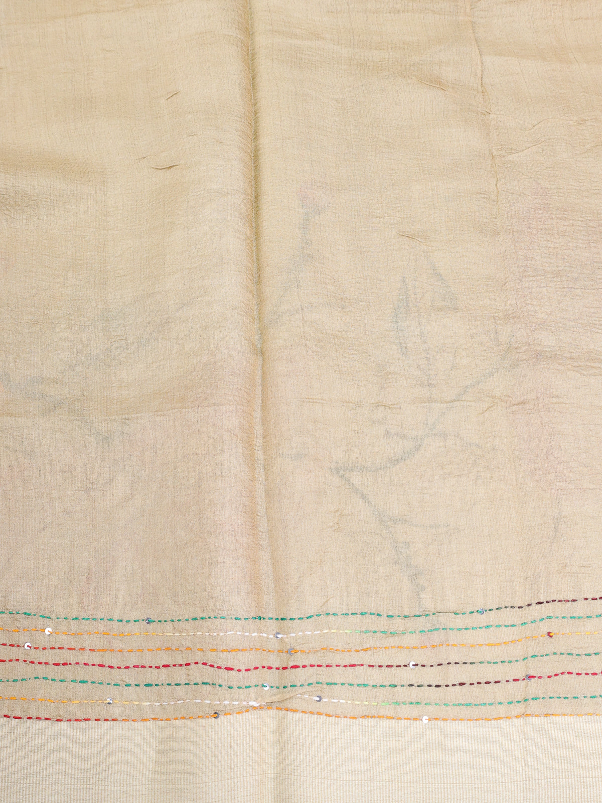 Beige Tussar Silk Saree With Allover Kantha Stitch Embroidery