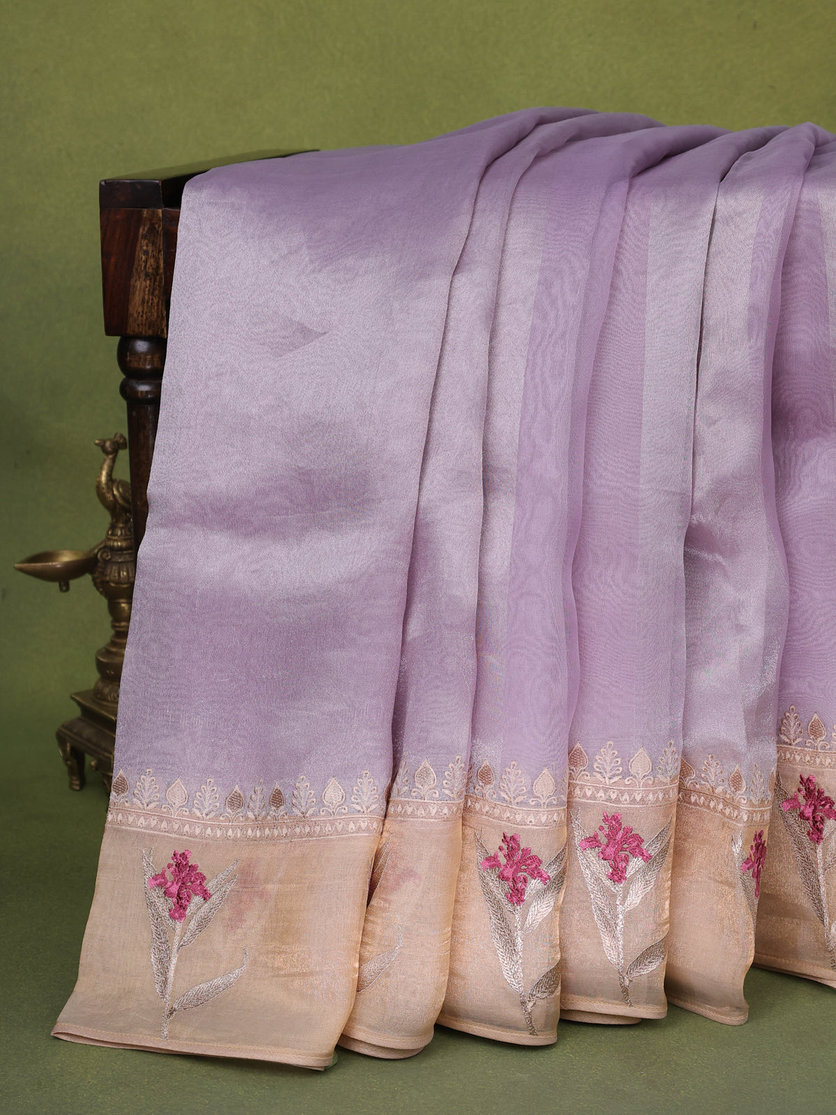 Lavender Organza Silk Saree With Floral Embroidery Border