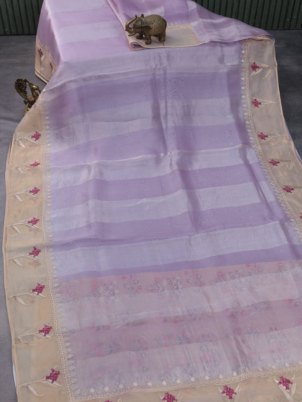 Lavender Organza Silk Saree With Floral Embroidery Border