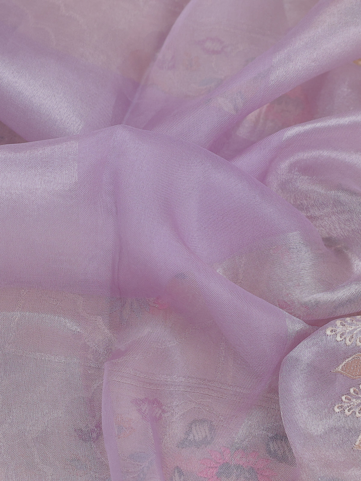 Lavender Organza Silk Saree With Floral Embroidery Border