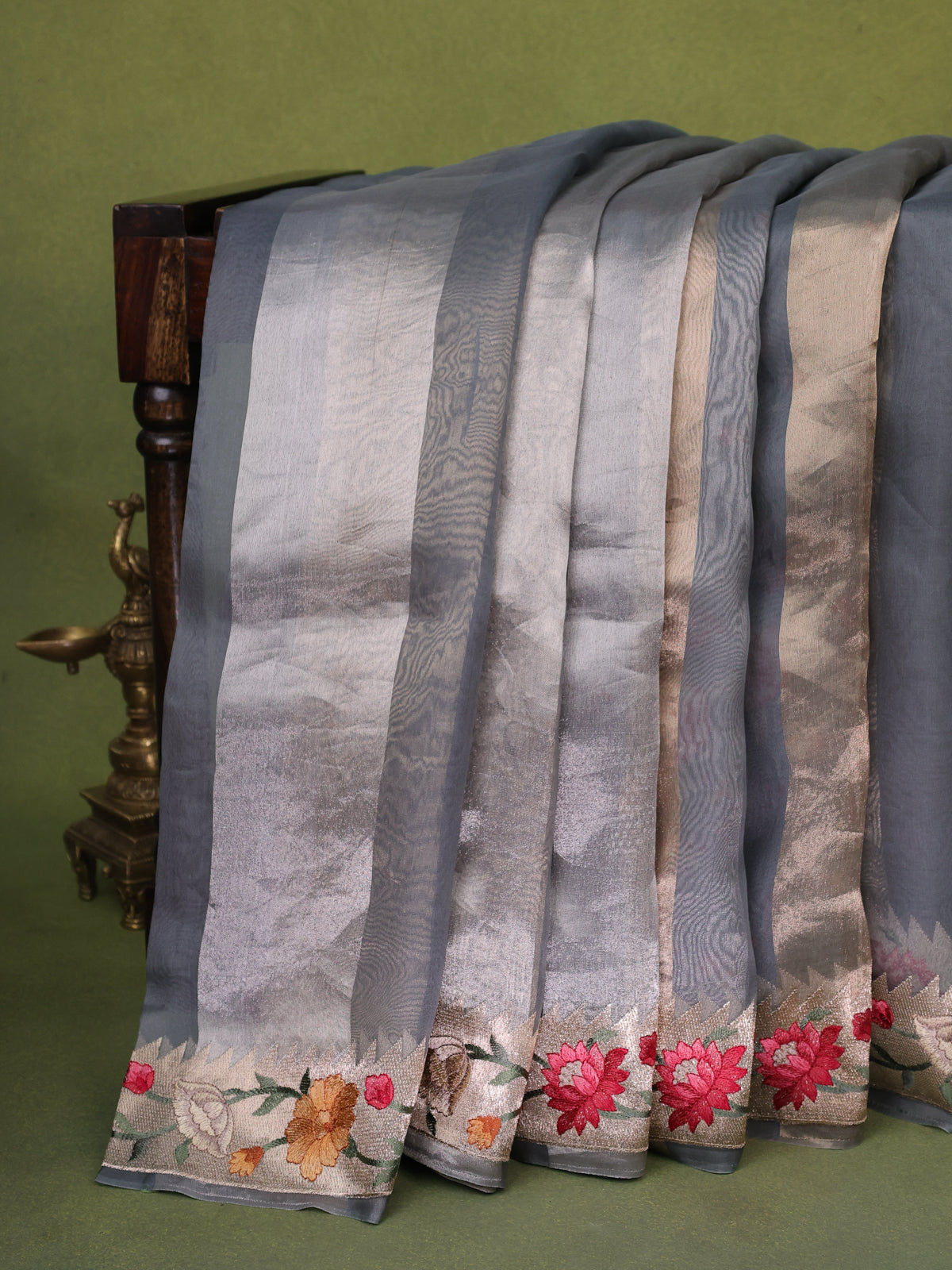 Grey Organza Silk Saree With Floral Embroidery Border
