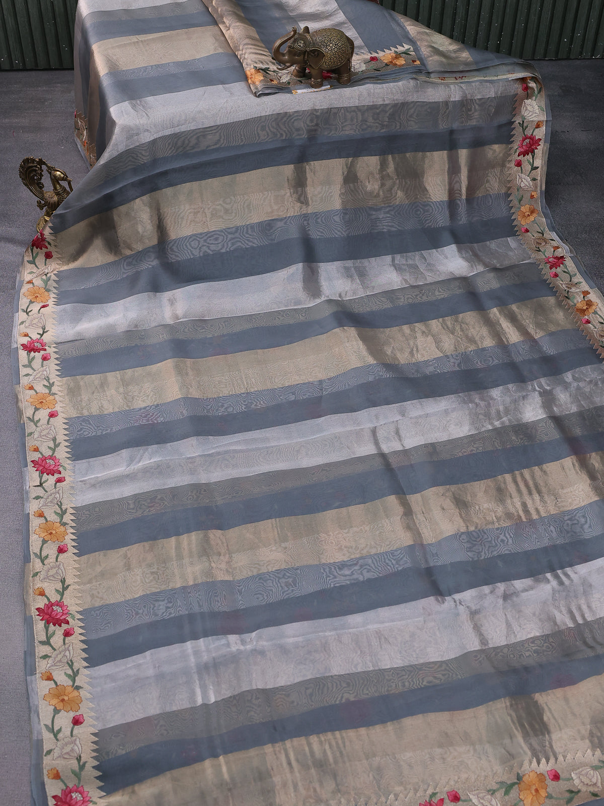 Grey Organza Silk Saree With Floral Embroidery Border