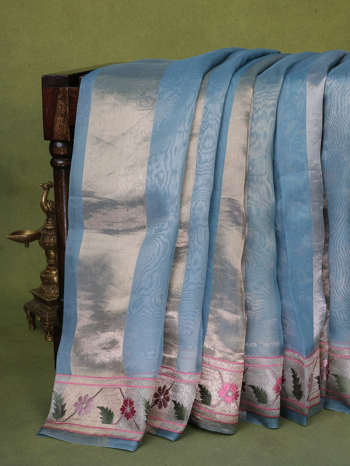Pastel Blue Organza Silk Saree With Floral Embroidery Border