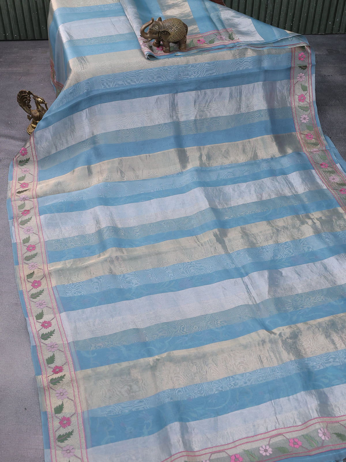 Pastel Blue Organza Silk Saree With Floral Embroidery Border