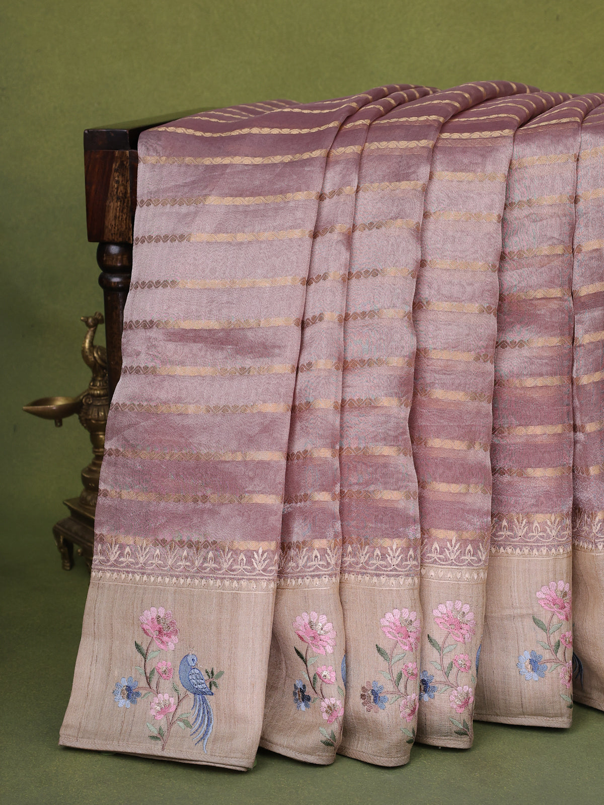 Pastel Pink Tissue Organza Silk Saree With Zari Weaves & Border Embroidery