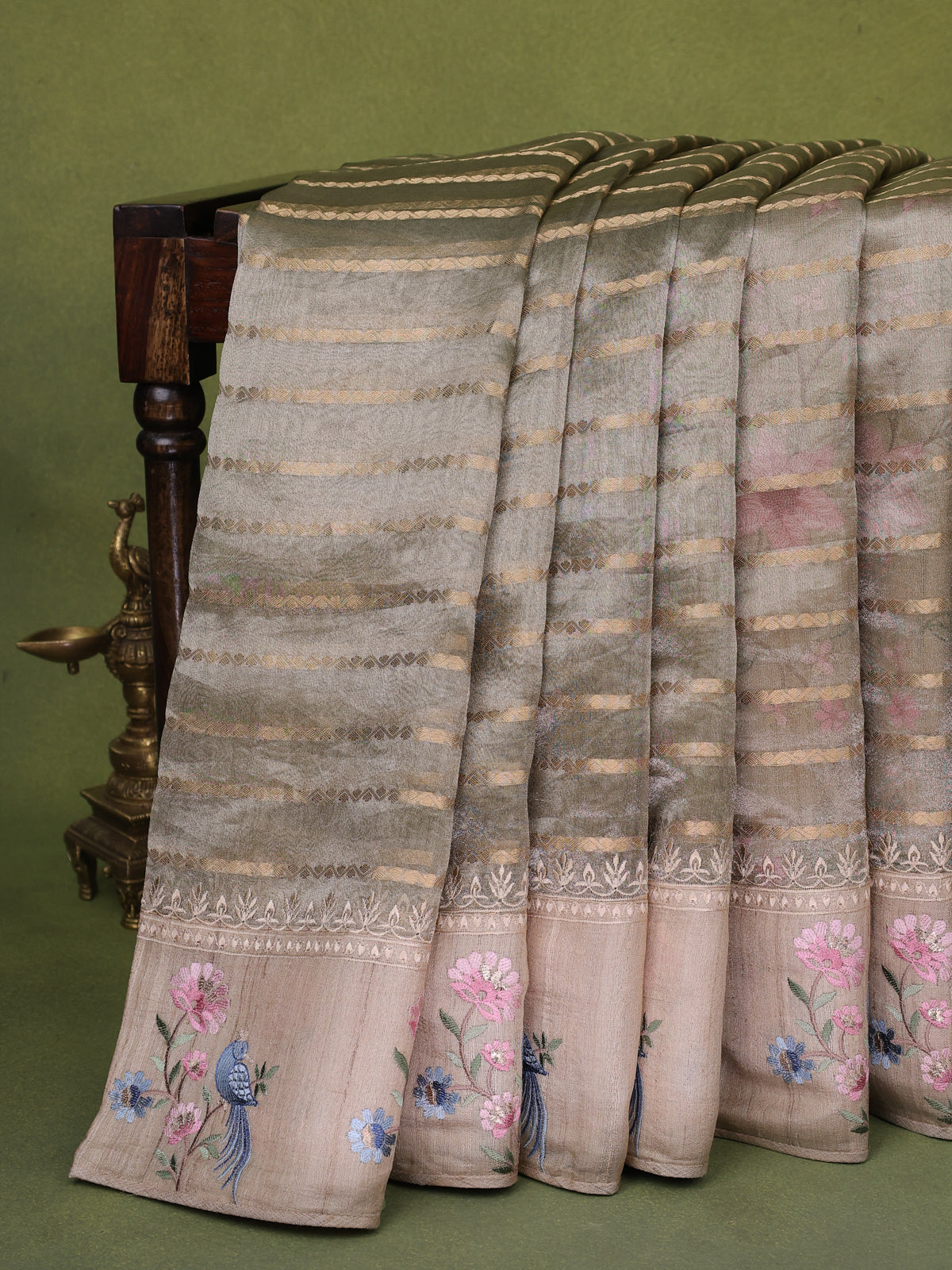 Beige Tissue Organza Silk Saree With Zari Weaves & Border Embroidery