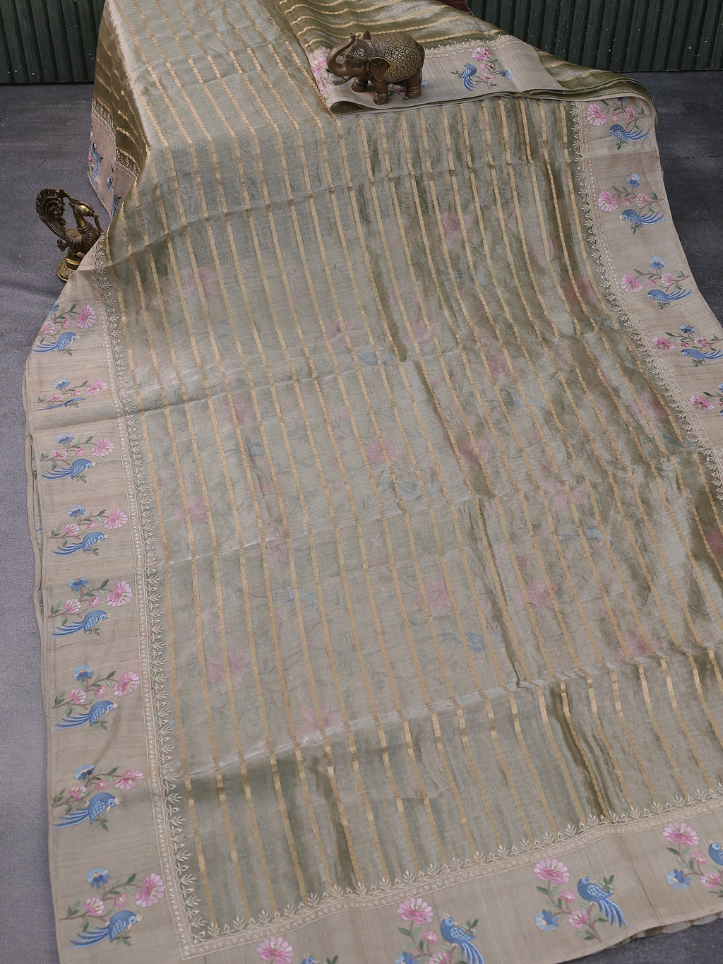 Beige Tissue Organza Silk Saree With Zari Weaves & Border Embroidery