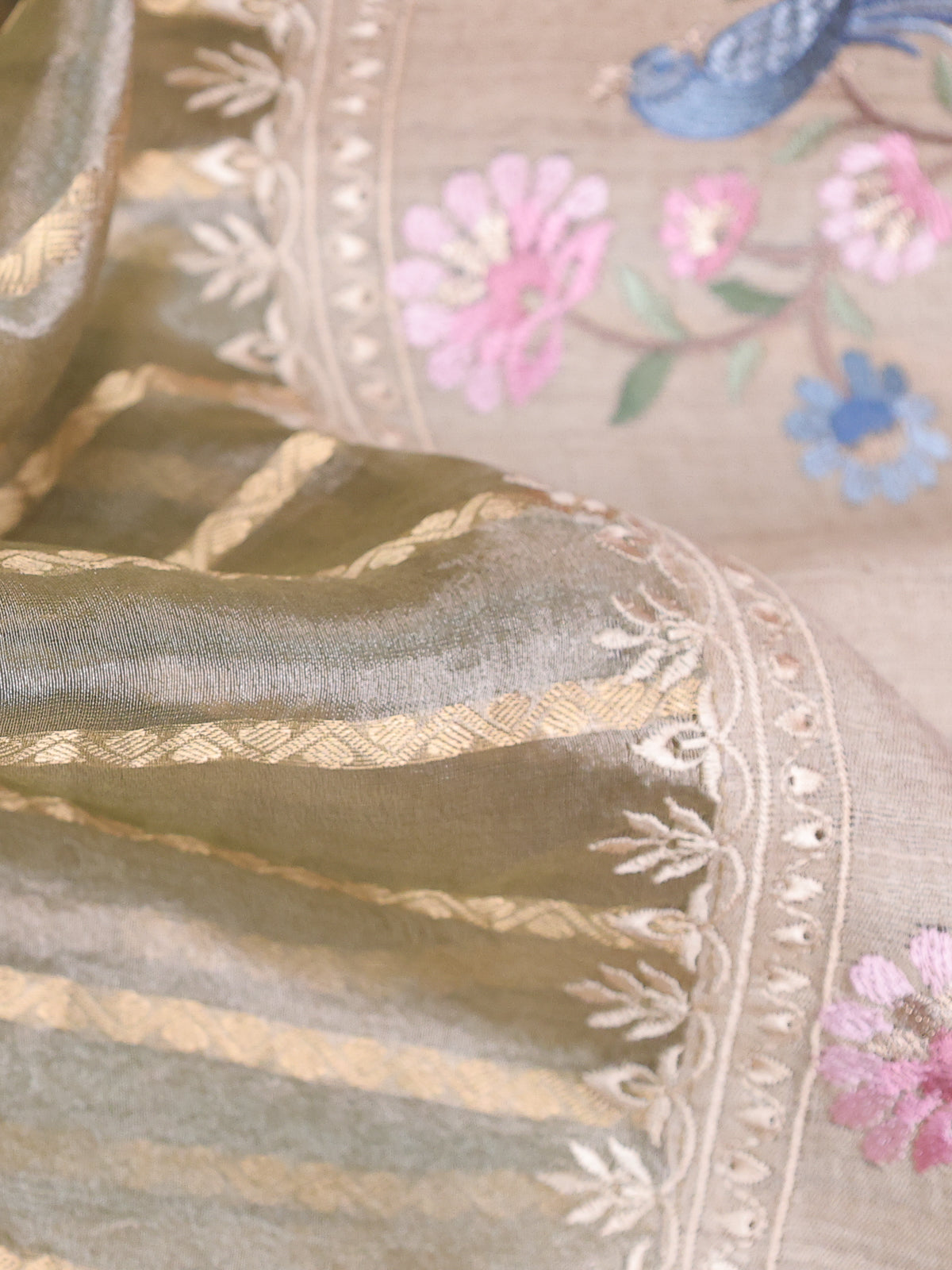 Beige Tissue Organza Silk Saree With Zari Weaves & Border Embroidery