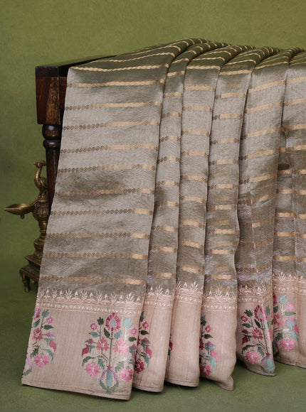 Beige Tissue Organza Silk Saree With Zari Weaves & Border Embroidery