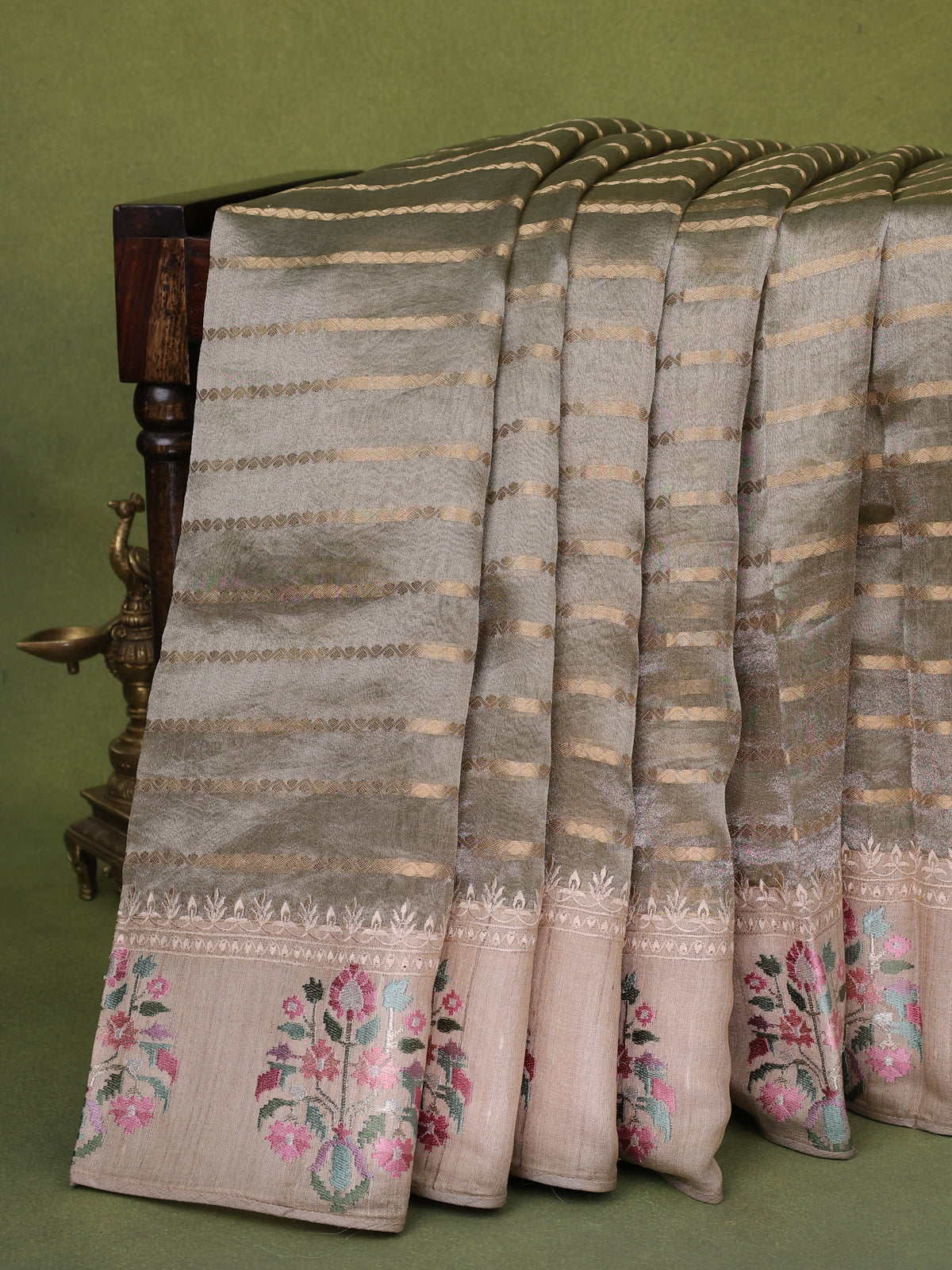 Beige Tissue Organza Silk Saree With Zari Weaves & Border Embroidery