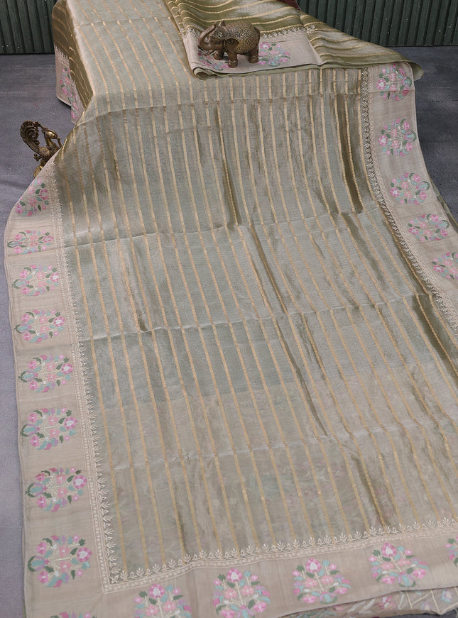Beige Tissue Organza Silk Saree With Zari Weaves & Border Embroidery