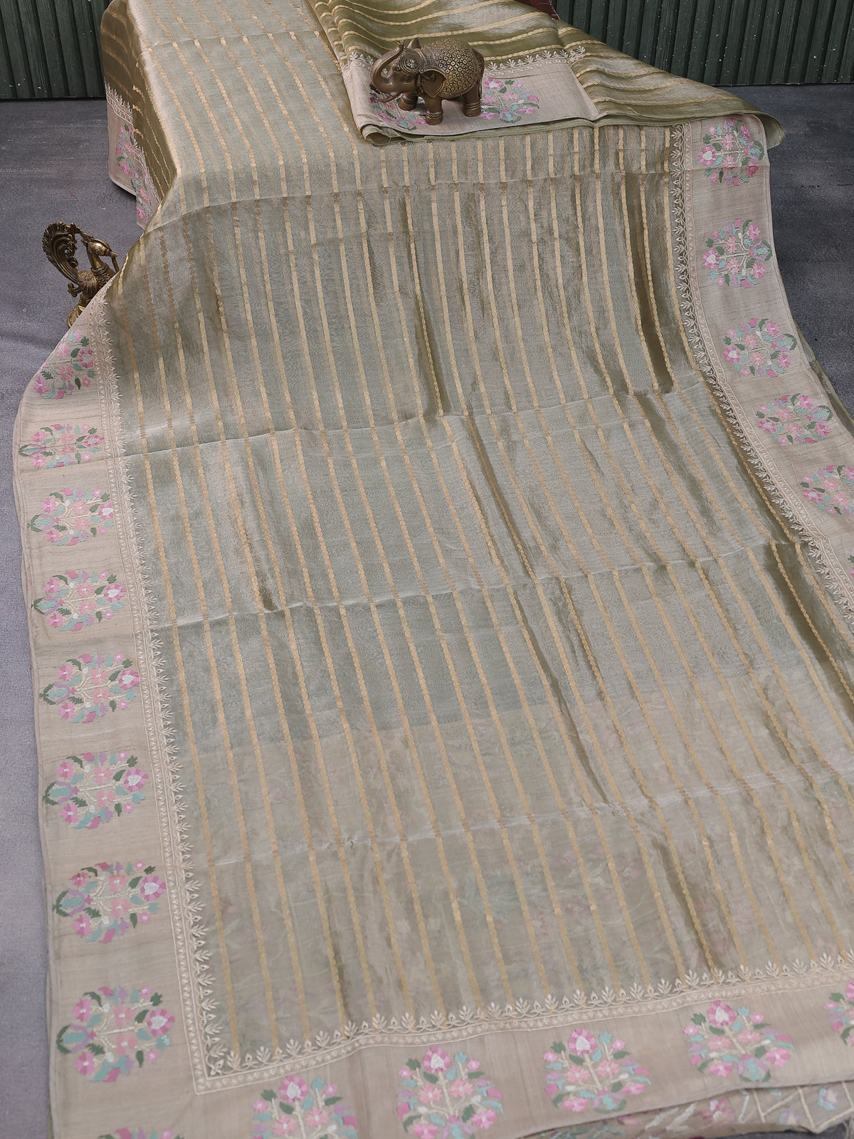 Beige Tissue Organza Silk Saree With Zari Weaves & Border Embroidery