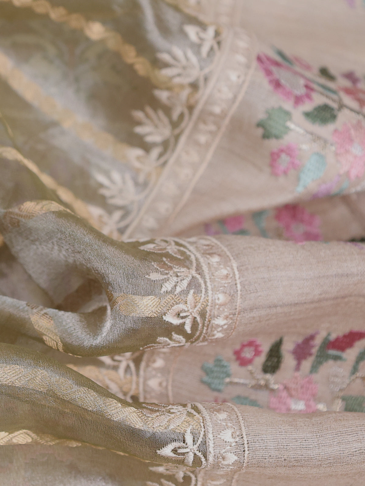 Beige Tissue Organza Silk Saree With Zari Weaves & Border Embroidery