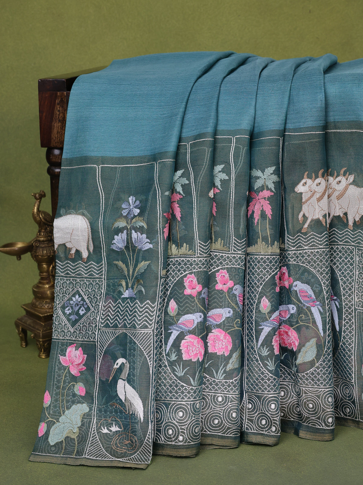 Peacock Blue Pure Organza Silk Saree With Long Embroidery Border