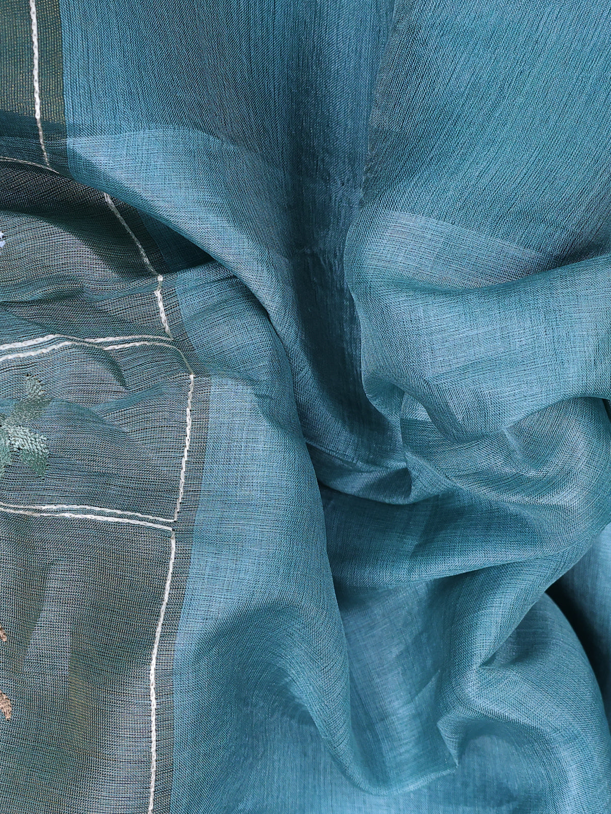 Peacock Blue Pure Organza Silk Saree With Long Embroidery Border