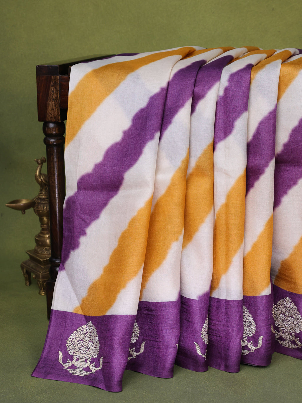 Beige Purple Yellow Tussar Silk Saree With Leheriya Design And Embroided Butta Border