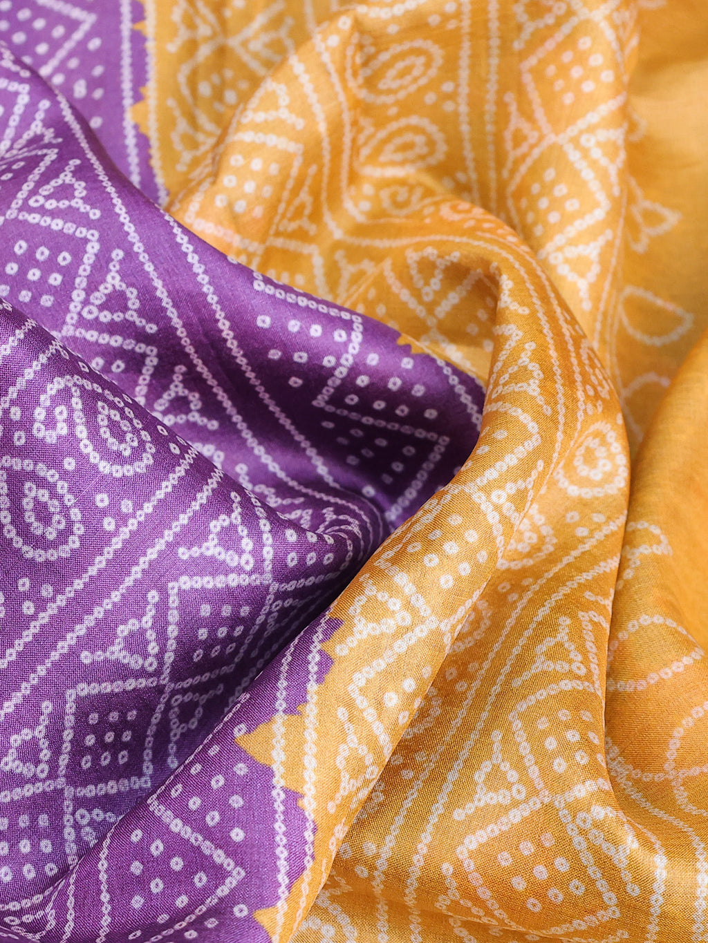 Beige Purple Yellow Tussar Silk Saree With Leheriya Design And Embroided Butta Border