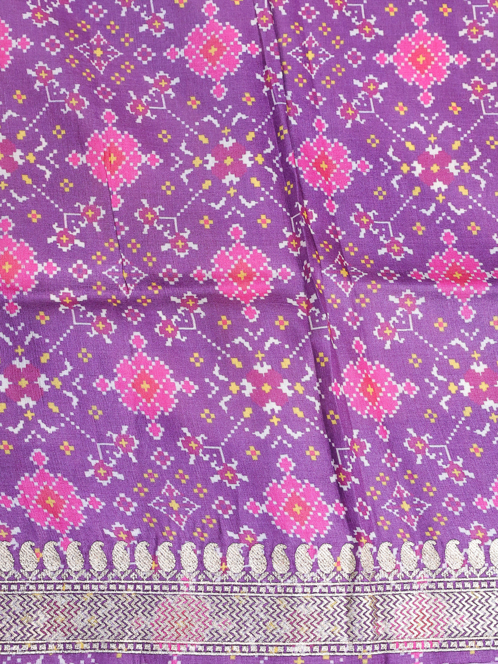 Beige Purple Yellow Tussar Silk Saree With Leheriya Design And Embroided Butta Border