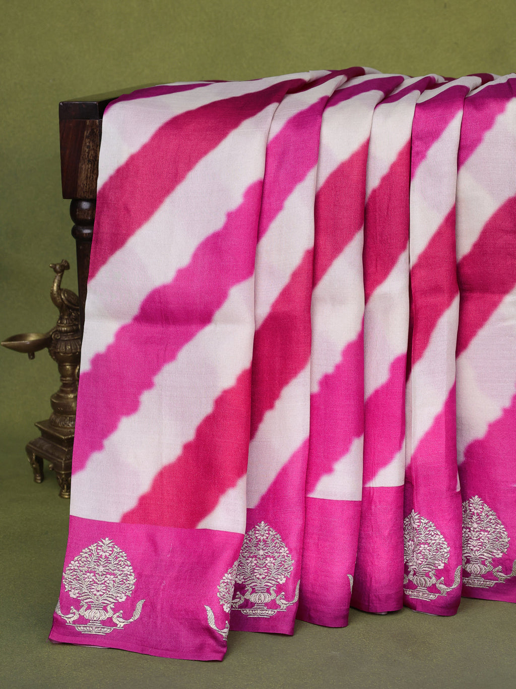 Beige Pink Yellow Tussar Silk Saree With Leheriya Design And Embroided Butta Border