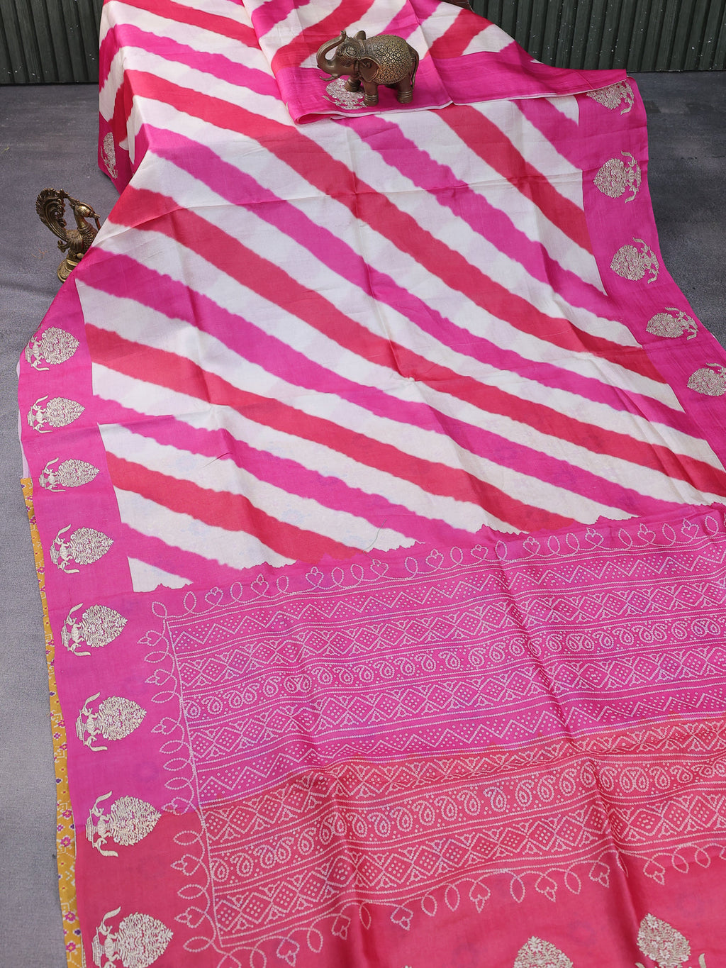 Beige Pink Yellow Tussar Silk Saree With Leheriya Design And Embroided Butta Border