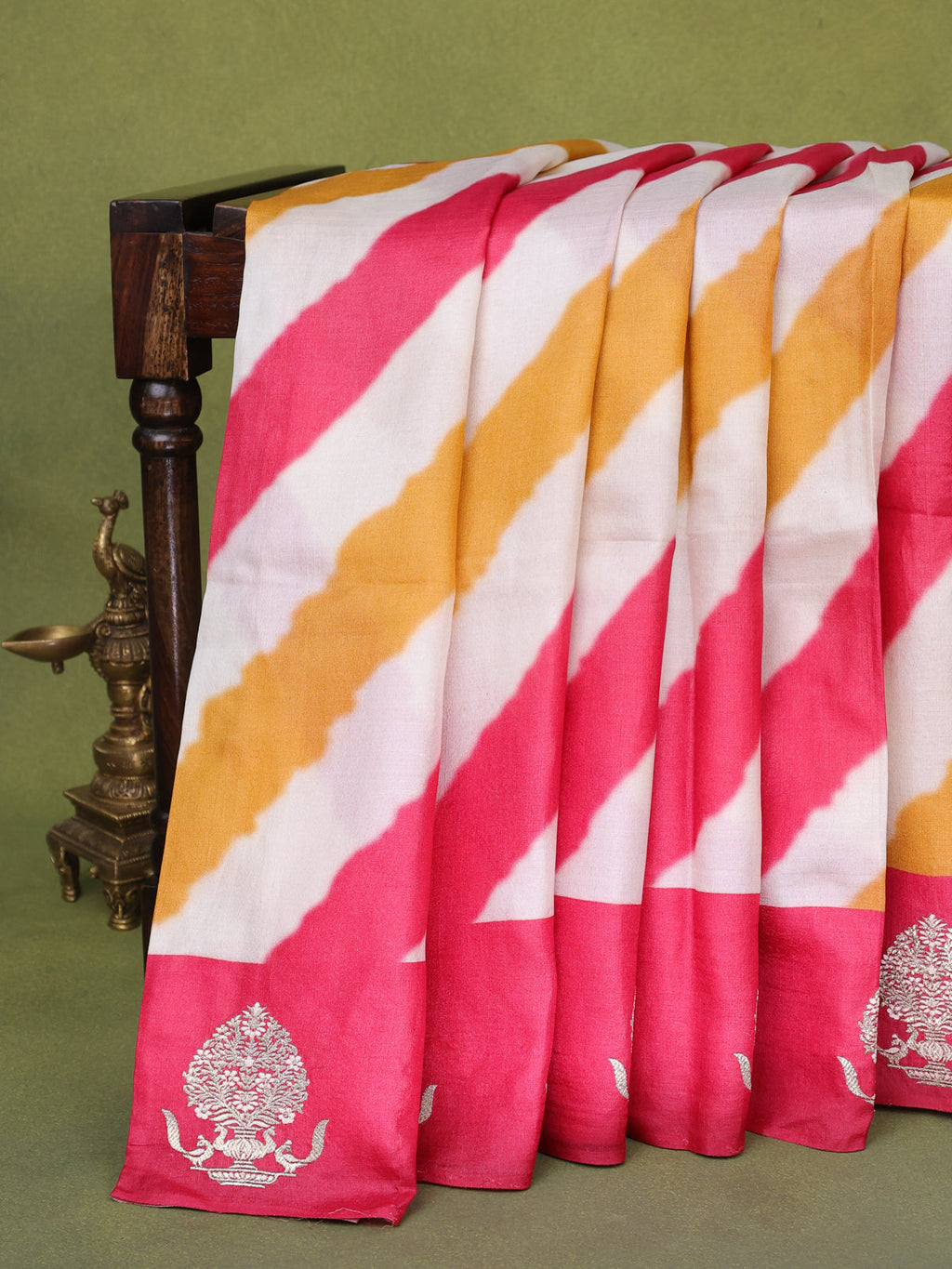 Beige Tomato Pink Yellow Tussar Silk Saree With Leheriya Design And Embroided Butta Border