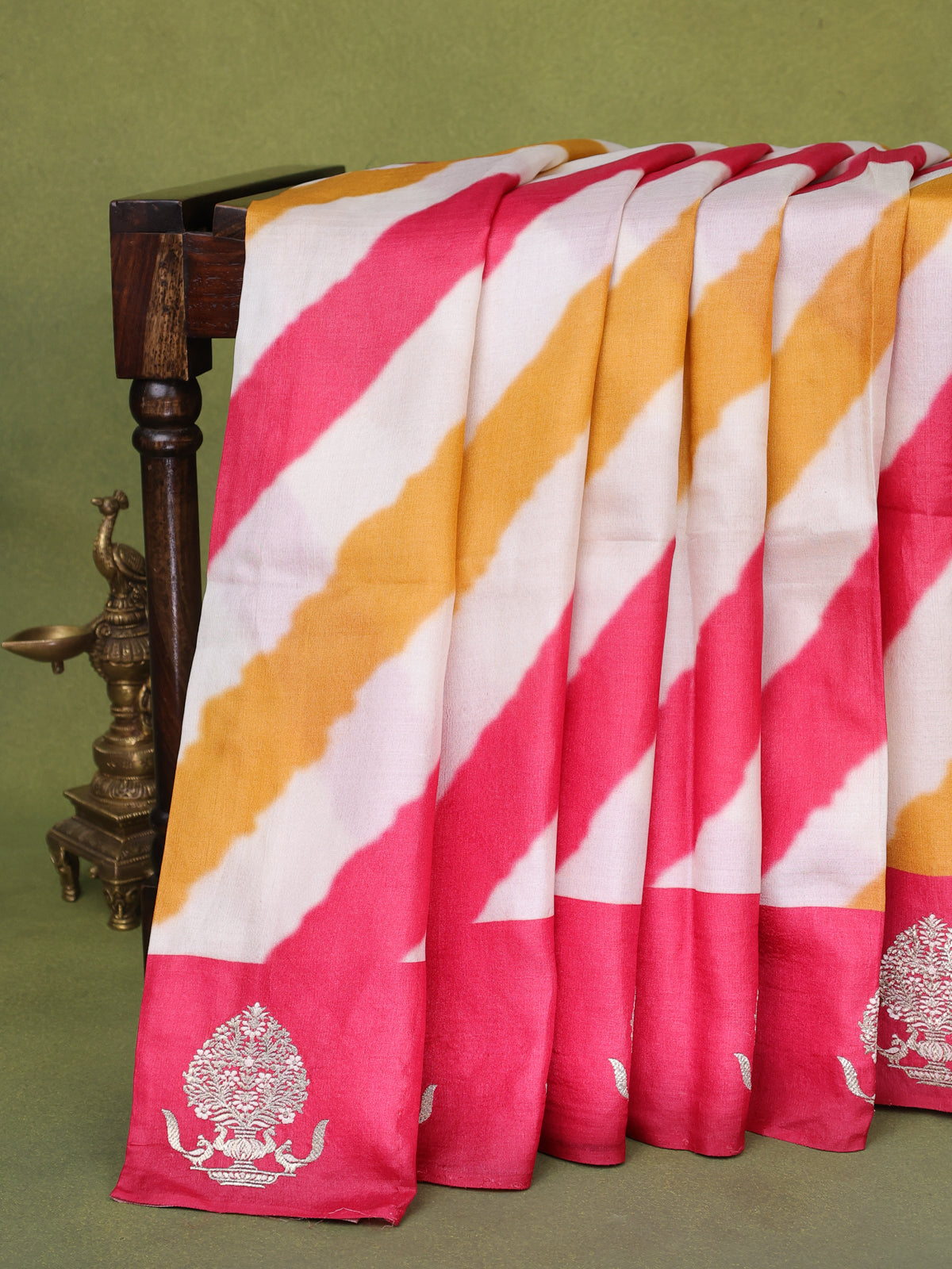 Beige Tomato Pink Yellow Tussar Silk Saree With Leheriya Design And Embroided Butta Border